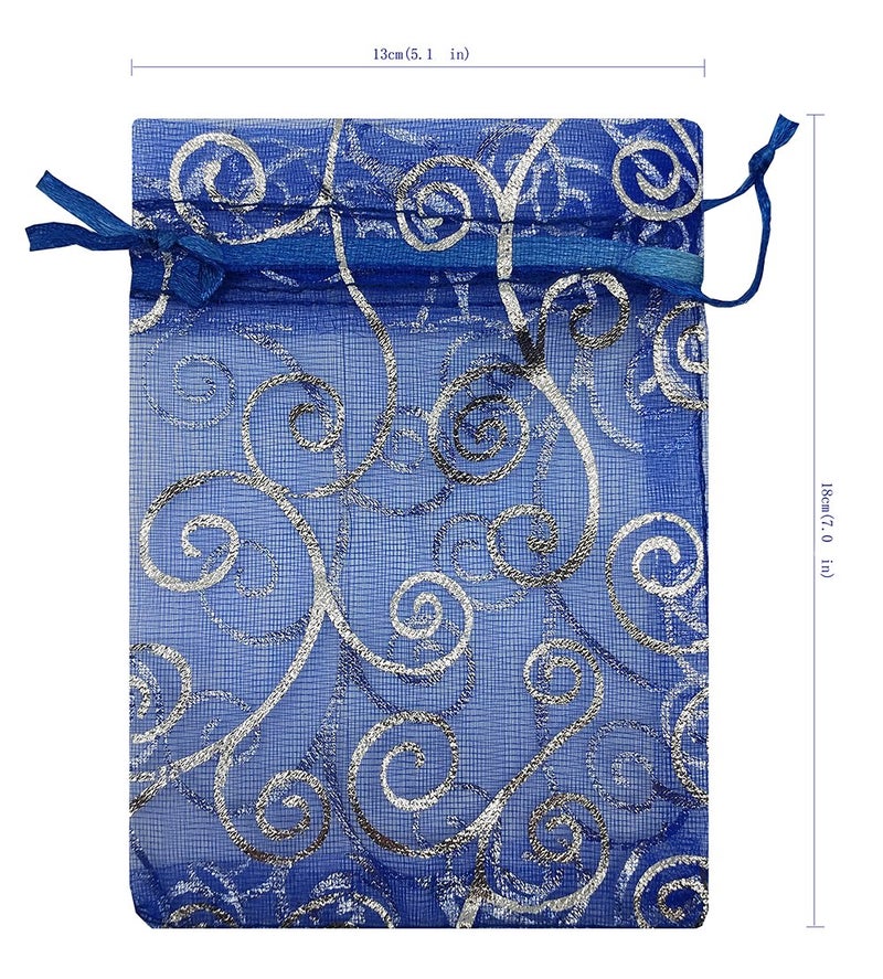 Ankirol 100pcs Sheer Organza Favor Bags For Wedding Baby Shower Rattan Print Gift Bags Samples Display Drawstring Pouches (5x7 inch, blue) - Image 2